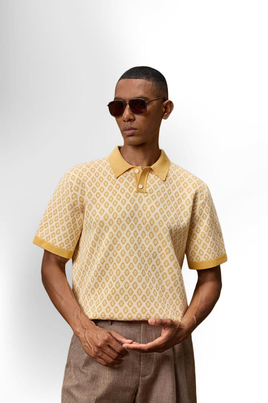 Business Casual Men's Vintage Yellow Jacquard Knit Slim Fit Short Sleeve Tee