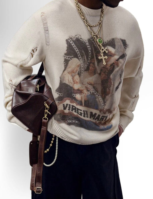 Men's Retro Artistic Oil Painting Style Print Long Sleeve Crew Neck Pullover Knit Sweater