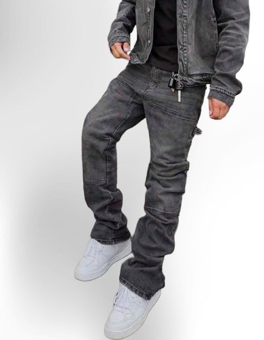 Men's Washed Solid Black & Grey Elastic Patchwork Straight Loose Y2K Denim Jeans