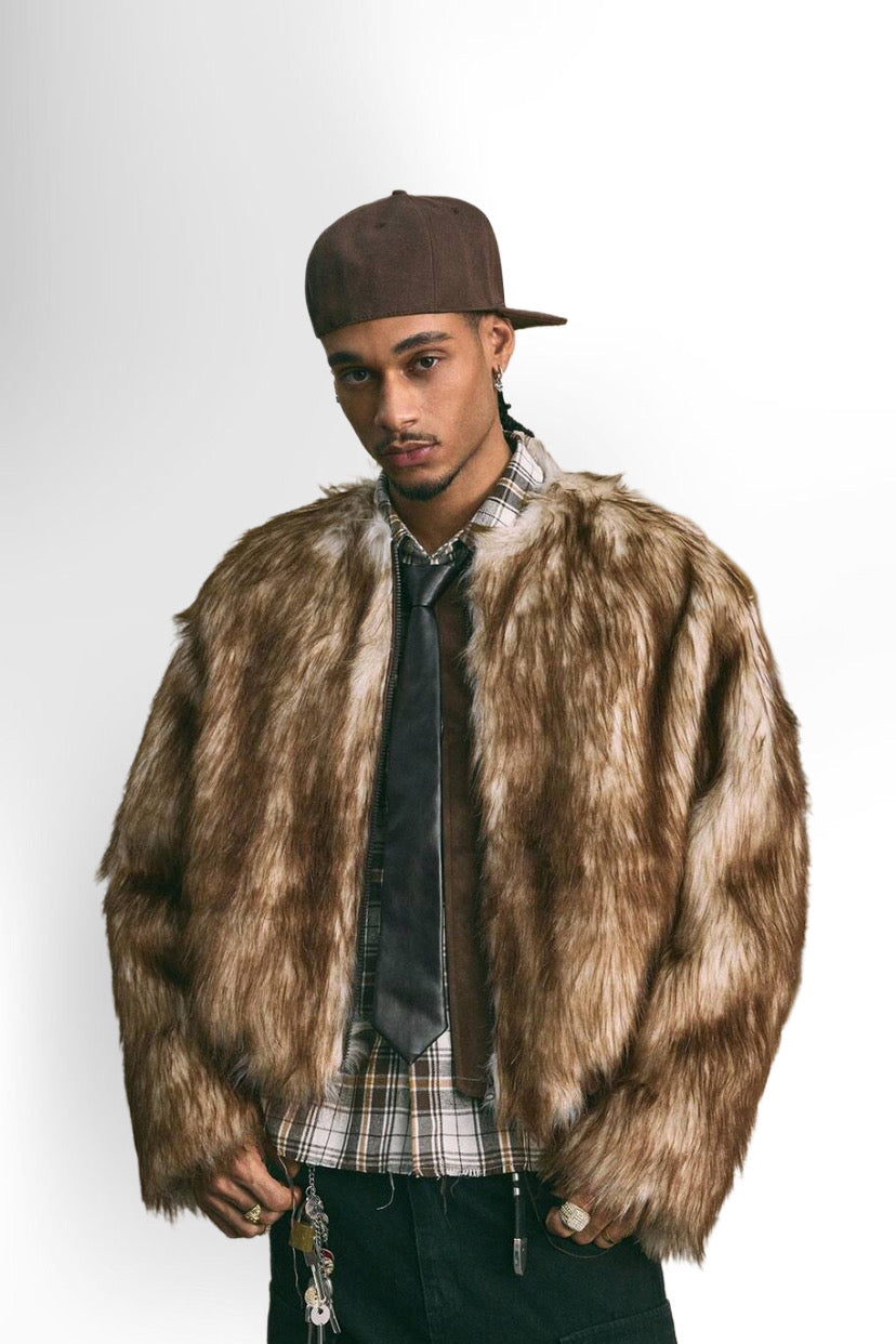 Men's Casual Zip-Up Round Neck Faux Fur Jacket