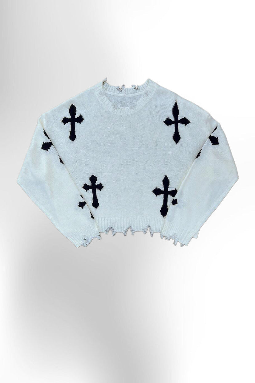 Men's Y2k Cross Graphic Frayed Pullover Sweater
