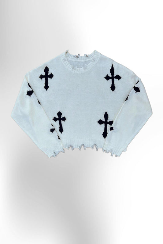 Men's Y2k Cross Graphic Frayed Pullover Sweater