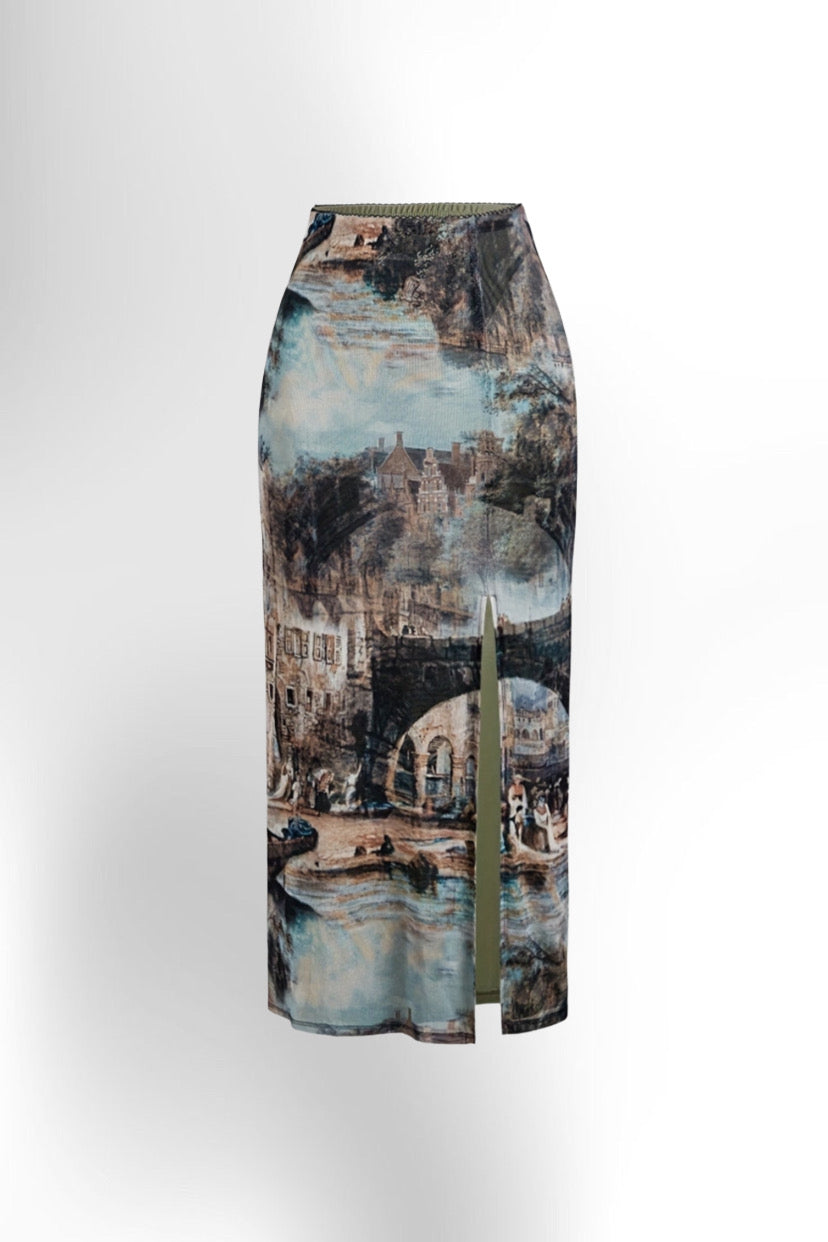 Women's Vintage Oil Painting Print Slim-Fit Skirt