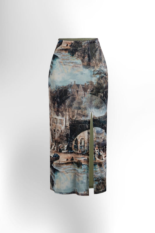 Women's Vintage Oil Painting Print Slim-Fit Skirt