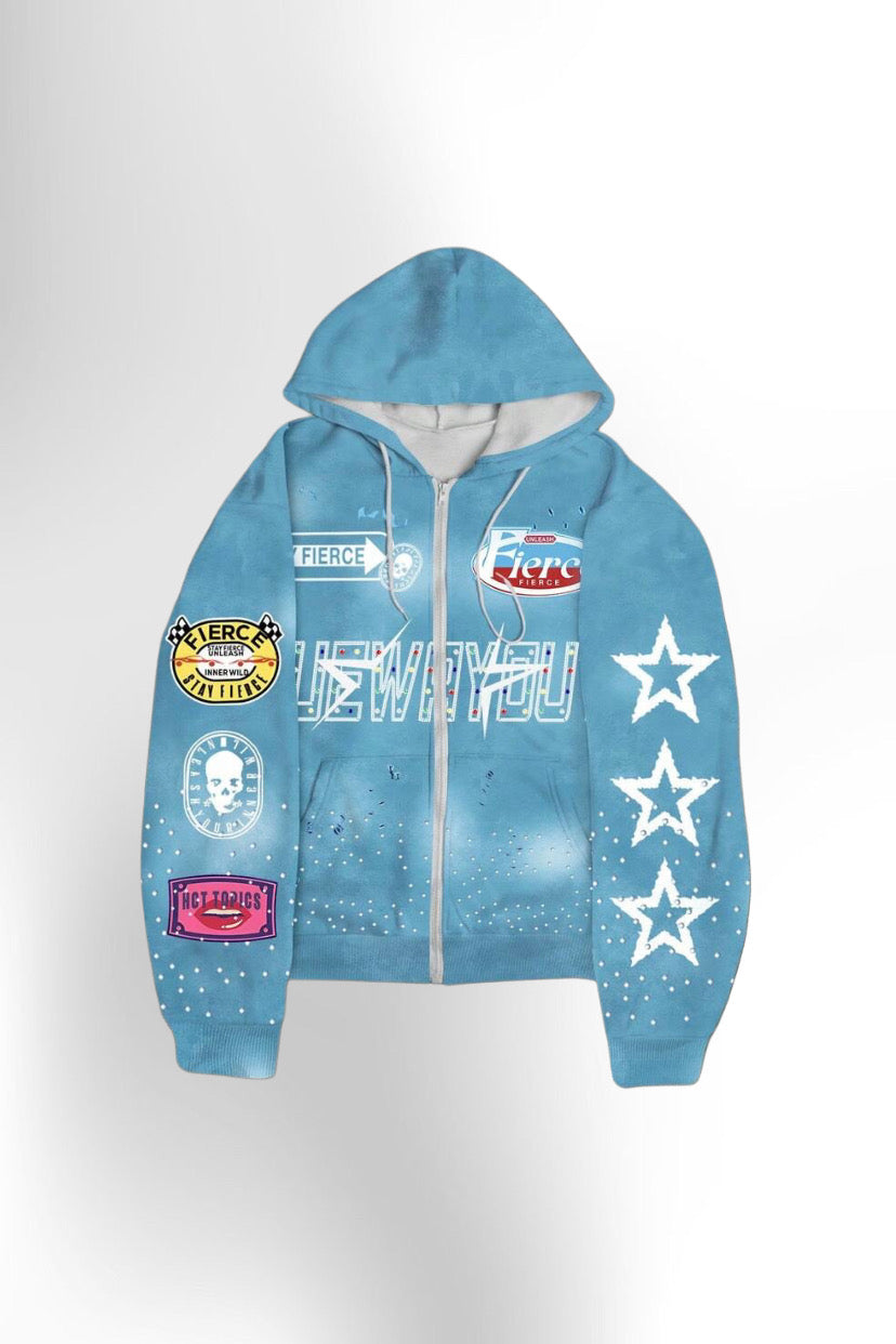 Pentagram Print Zip Front Drawstring Hoodie