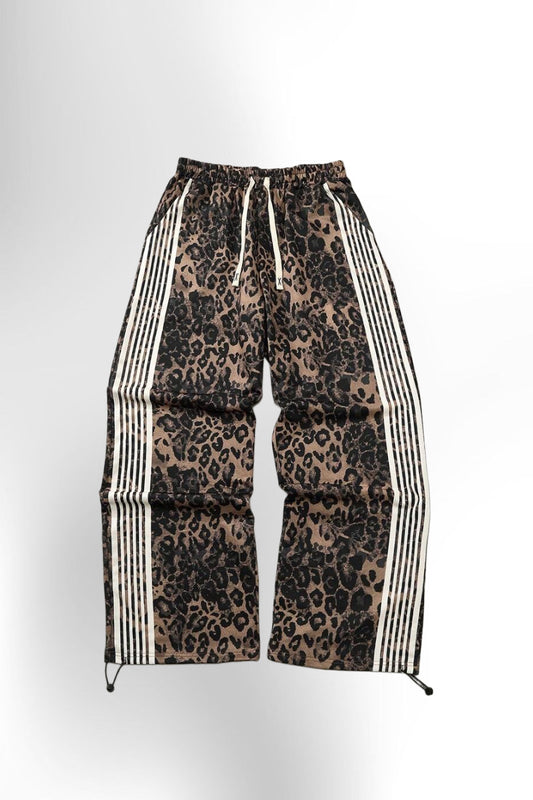 Men's Contrast Stripe & Leopard Print Drawstring Waist Sweatpants