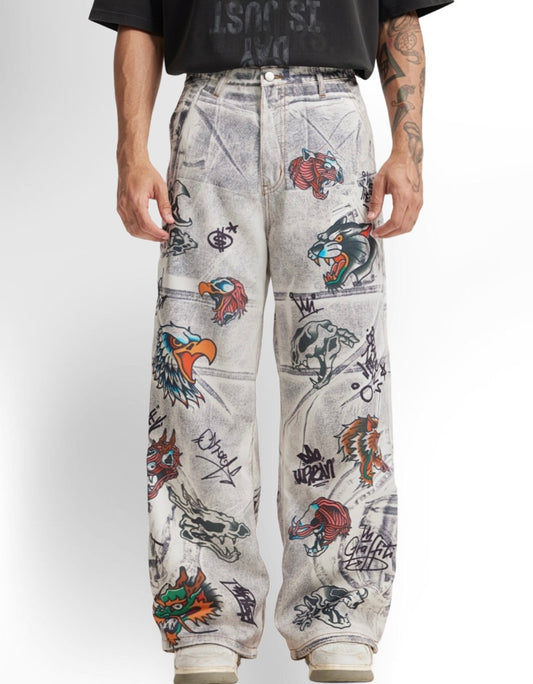 Printed Denim Pants