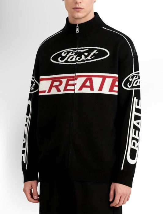 Men's Heavyweight Full-Zip Letter Graphic Sweater Jacket