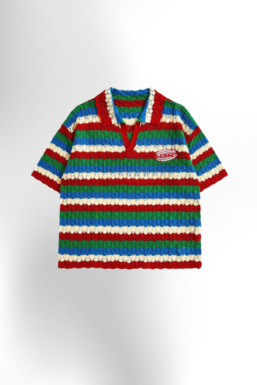 Men's Summer Casual Striped Polo Collar Knit Shirt