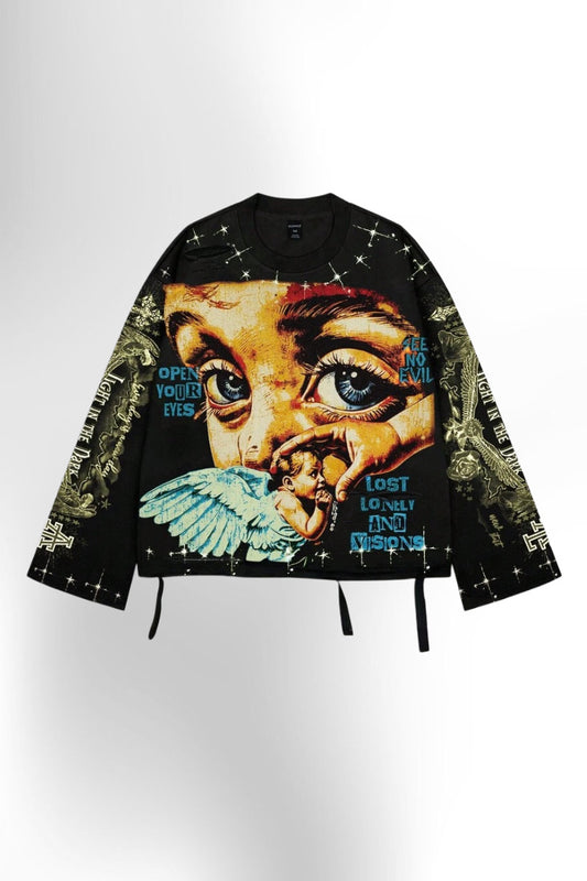 Distressed Saint Graphic Print Long Sleeve Crew Neck Men's T-Shirt