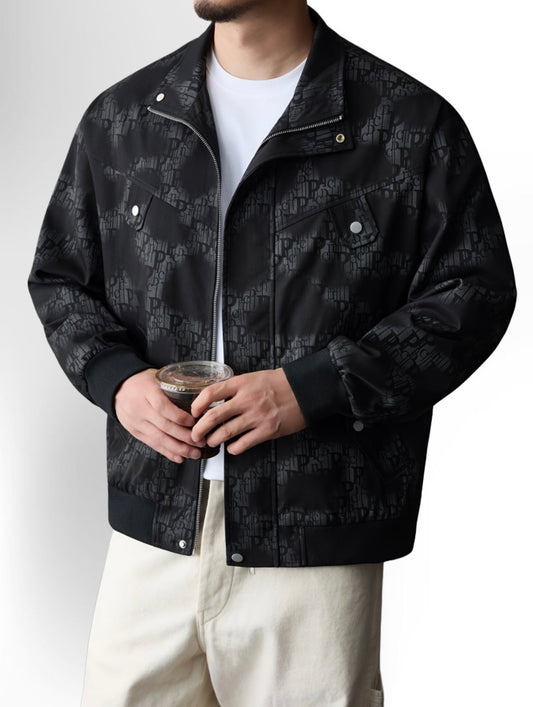 Men's Autumn Letter Print Bomber Jacket with Stand Collar & Zipper Closure