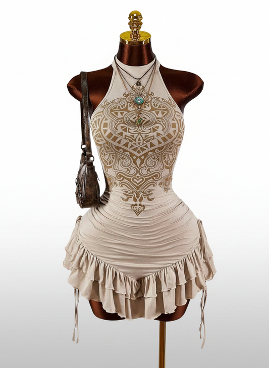 Ruffled High Neck Asymmetrical Mini Dress
