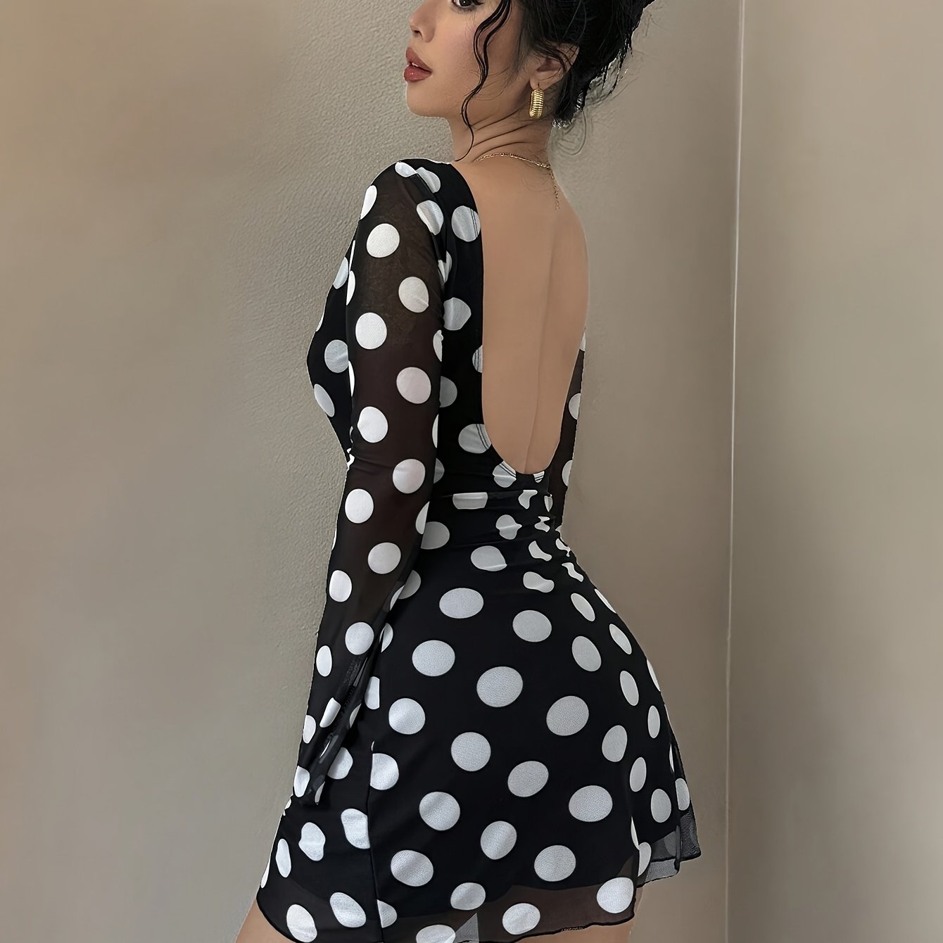 Women's Elegant Black & White Polka Dot Backless Mesh Mini Dress