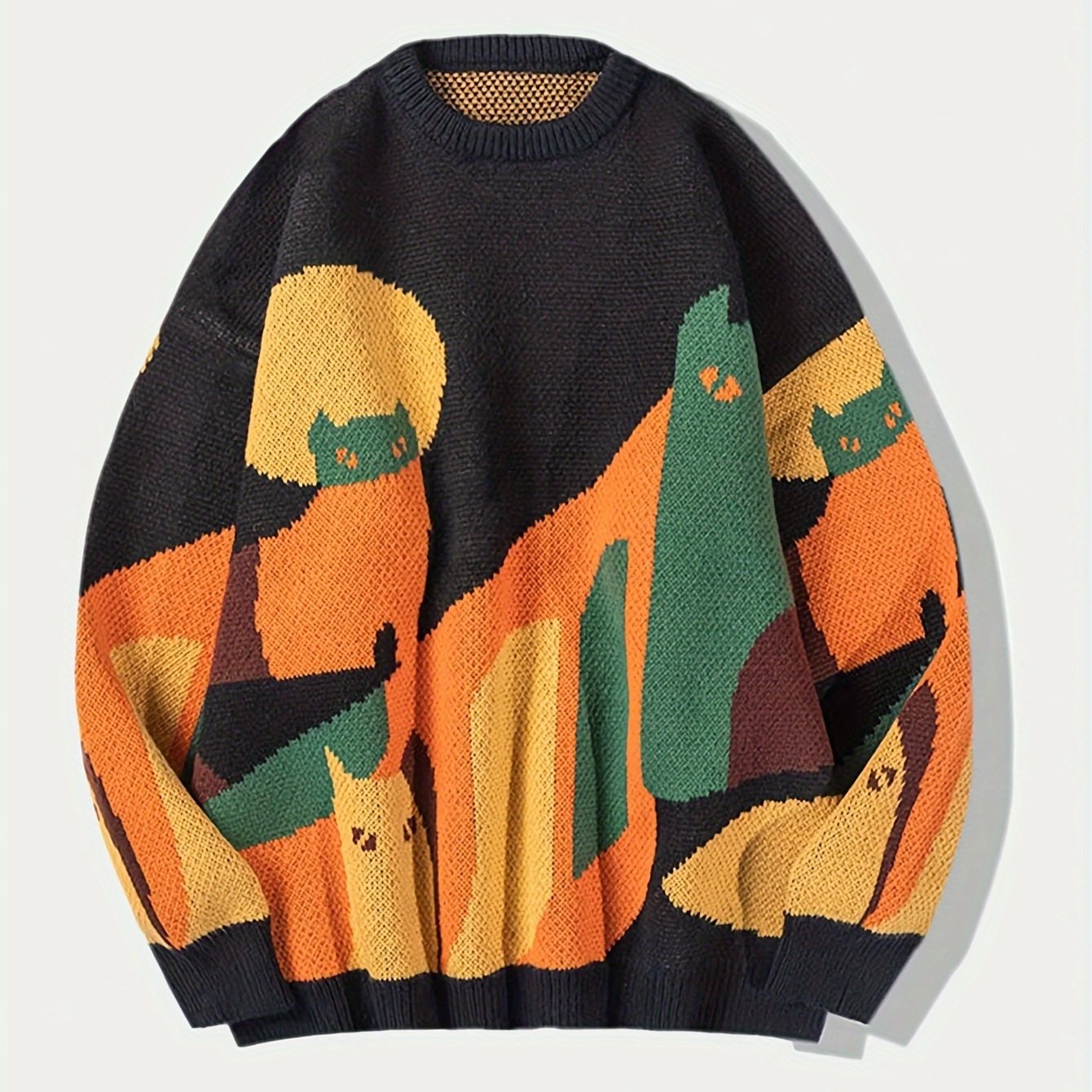 Casual Cat Pattern Knitted Crew Neck Sweater