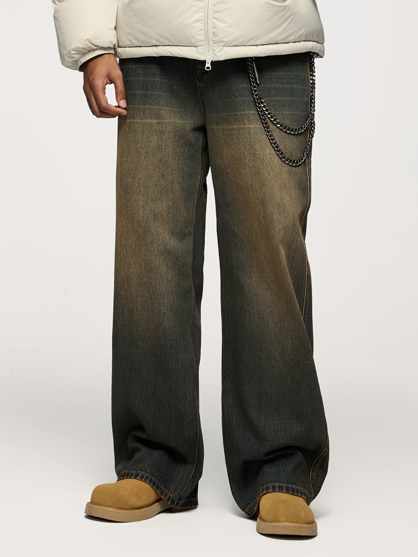 Men's Fashionable Washed Cut-Off Wide-Leg Faux Denim