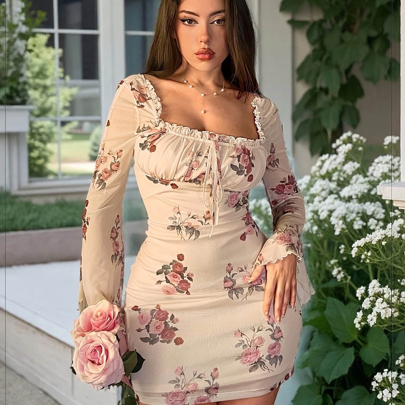 Women'S Floral Print Bodycon Mini Dress