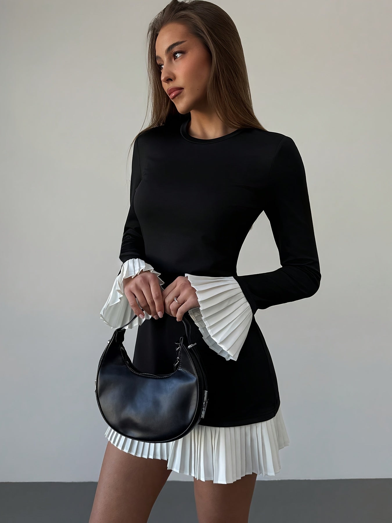 Women's Elegant A-Line Dress with Long Ruffled Sleeves & Pleated Hem