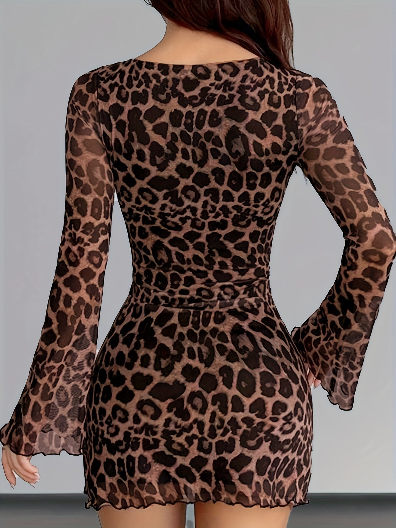 Leopard Print Mesh Long Sleeve Dress