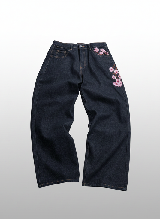 Peach Blossom Embroidered Wide-Leg Jeans