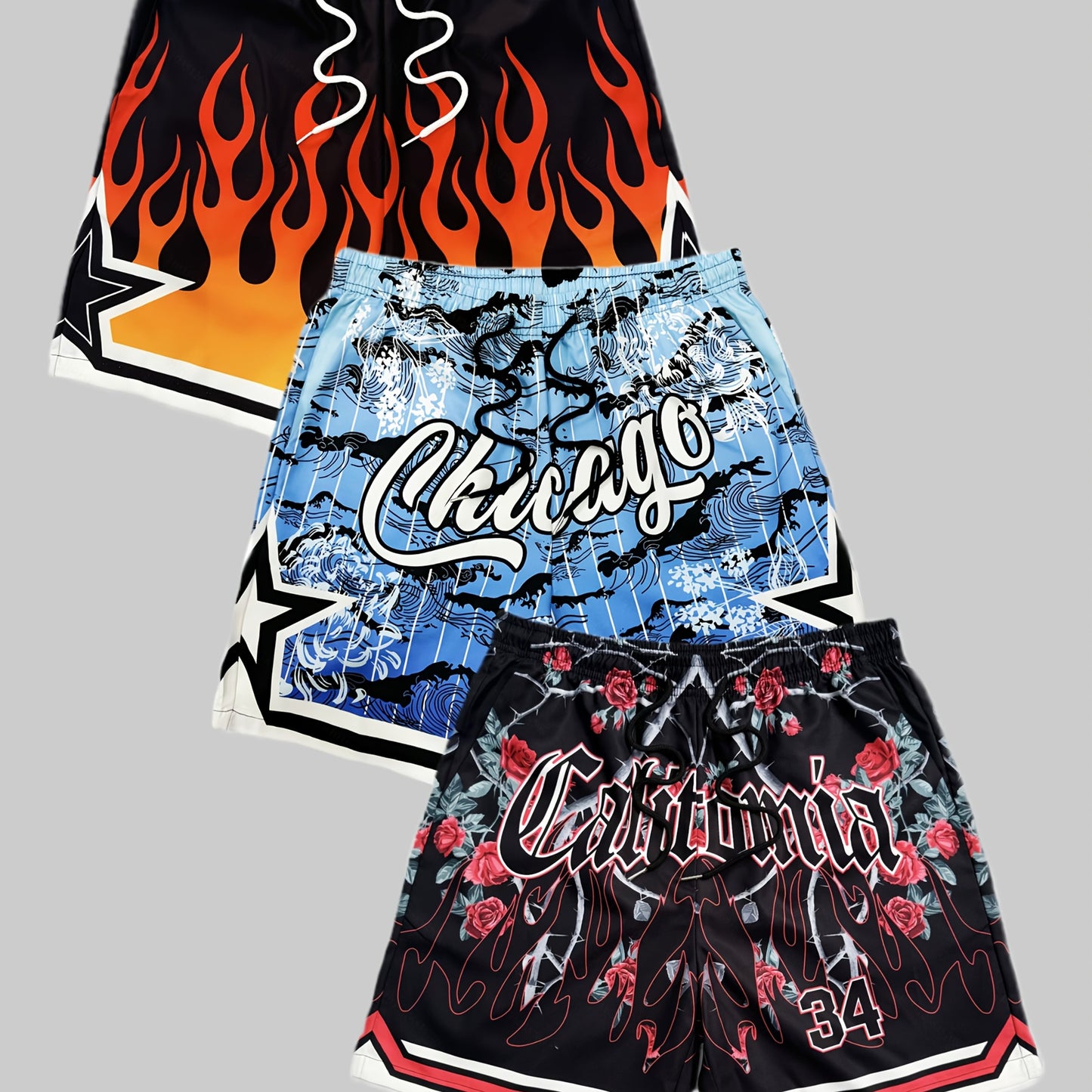 Men's Three-Piece Set Printed Beach Shorts