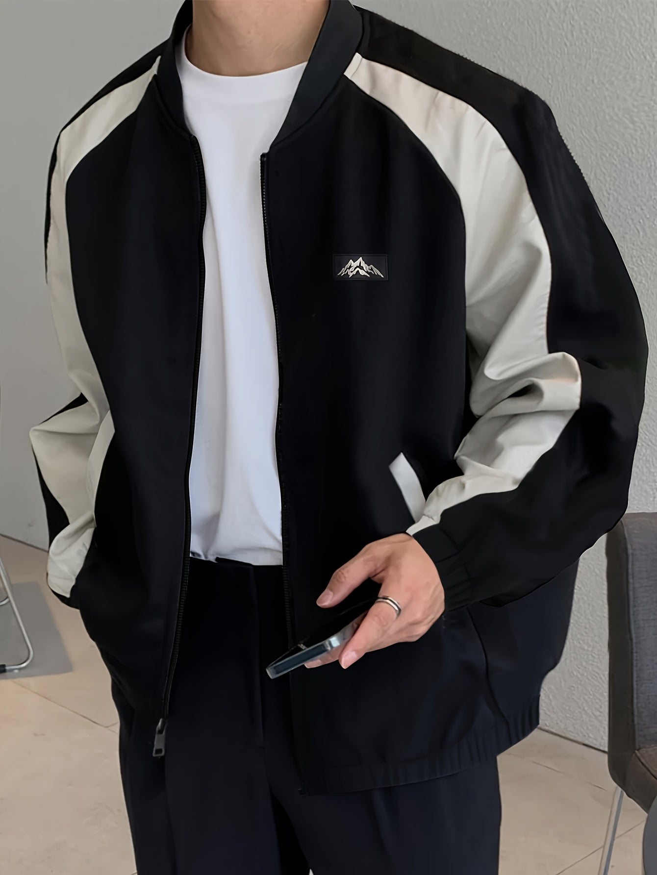 Color Block Jacket with Baseball Collar