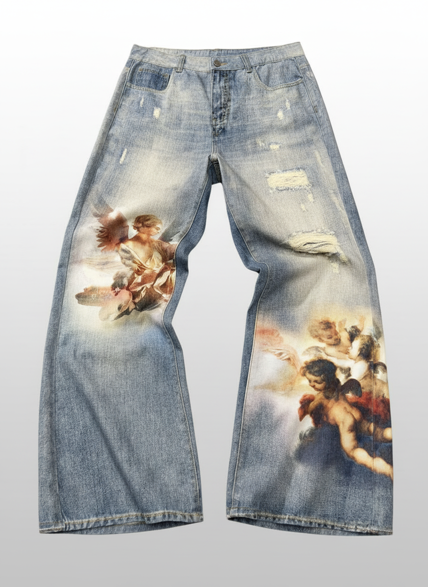 Angel Graphic Distressed Pocket Jeans