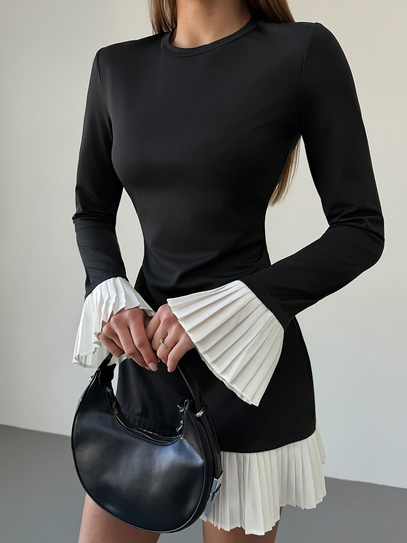 Women's Elegant A-Line Dress with Long Ruffled Sleeves & Pleated Hem