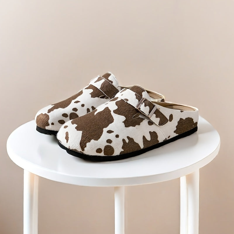 Women's Slip-On Corduroy Mules with Cow Print