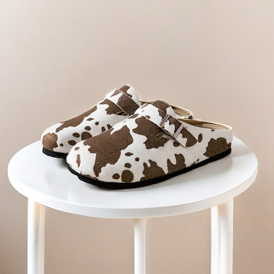 Women's Slip-On Corduroy Mules with Cow Print