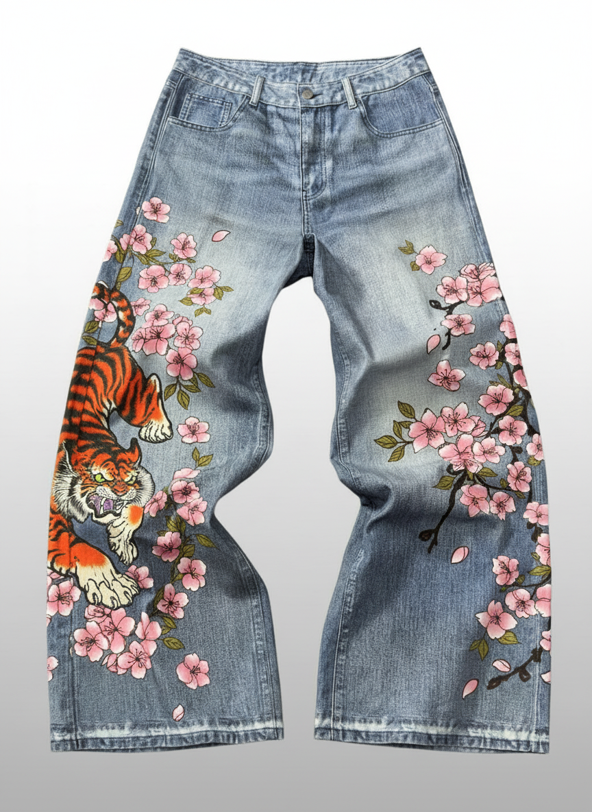 Floral Tiger Print Wide Leg Jeans