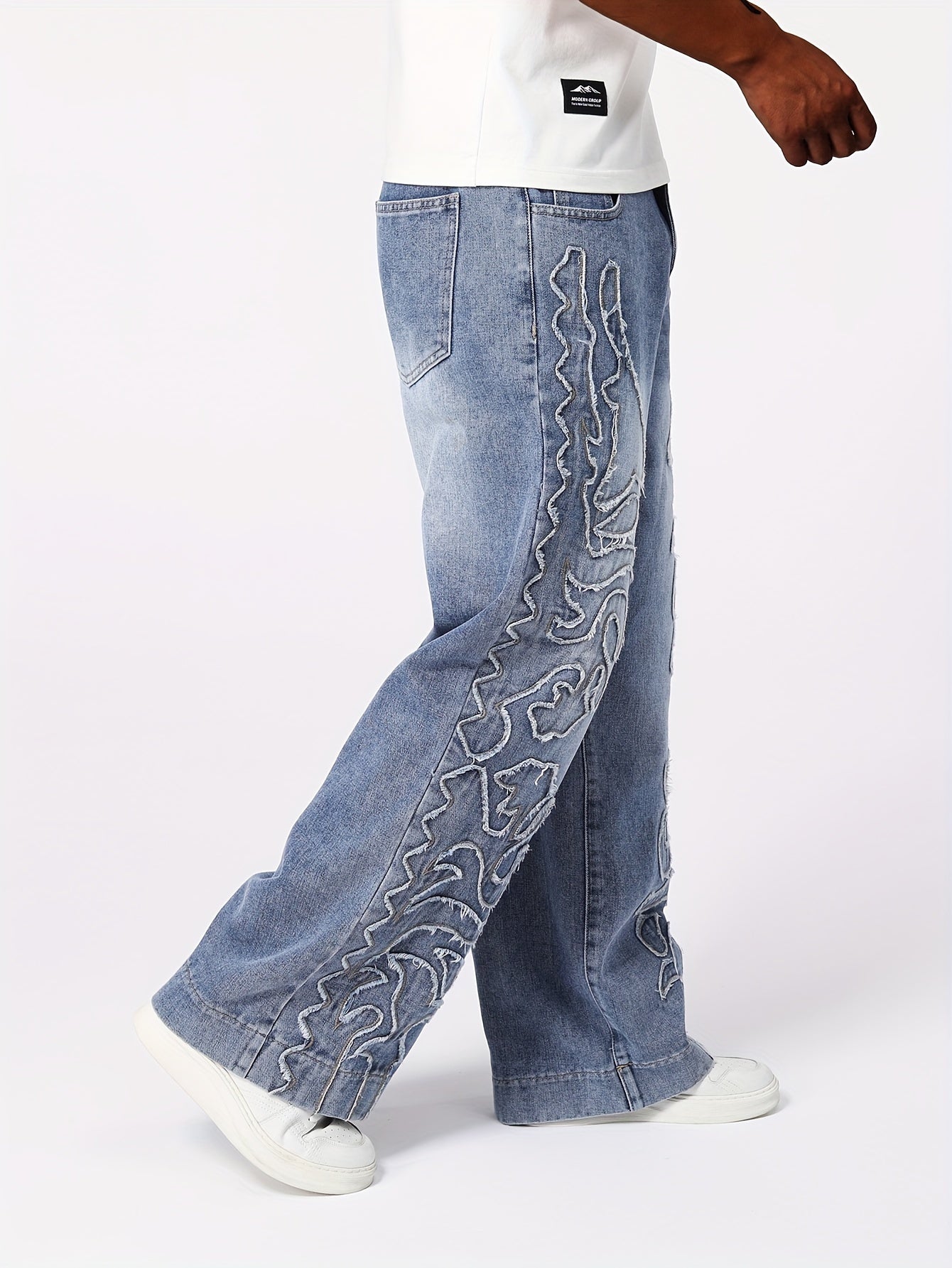 Men's Loose Geometric Embroidery Graphic Print Denim Jeans
