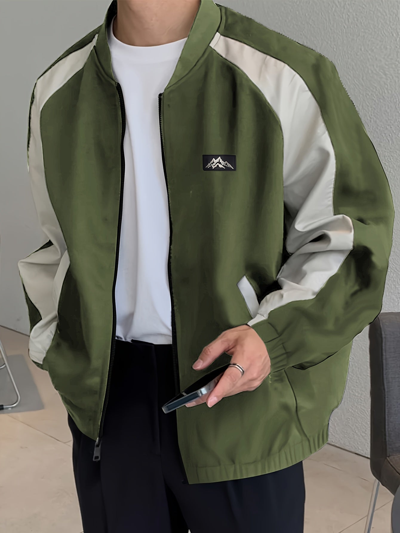 Color Block Jacket with Baseball Collar