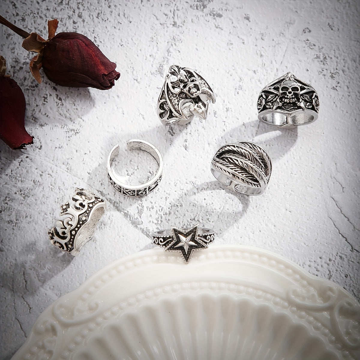 Set Of 6 Punk Skull Rings