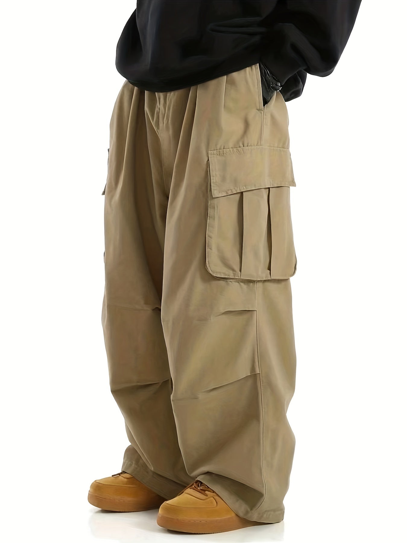 Solid Multi Flap Pockets Men's Straight Leg Cargo Pants