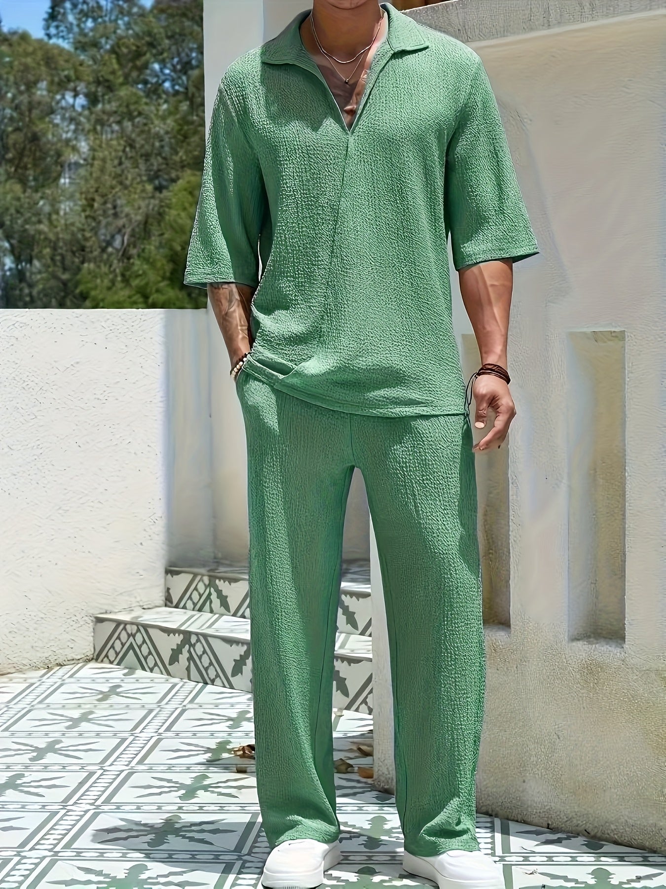 Summer Men's Casual Loose Short Sleeve Long Pants Turnover Collar Two-piece Set