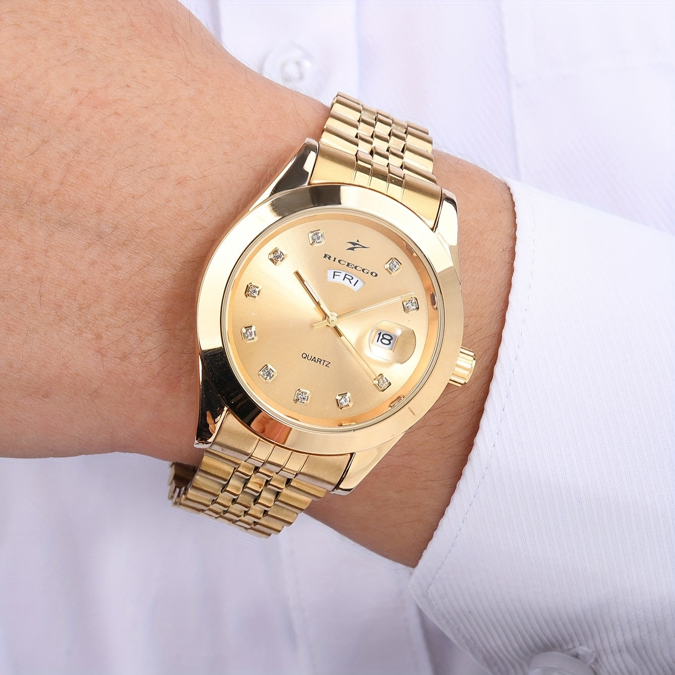 Men's Luxury Business Golden Stainless Steel Strap Dual Calendar Quartz Watch