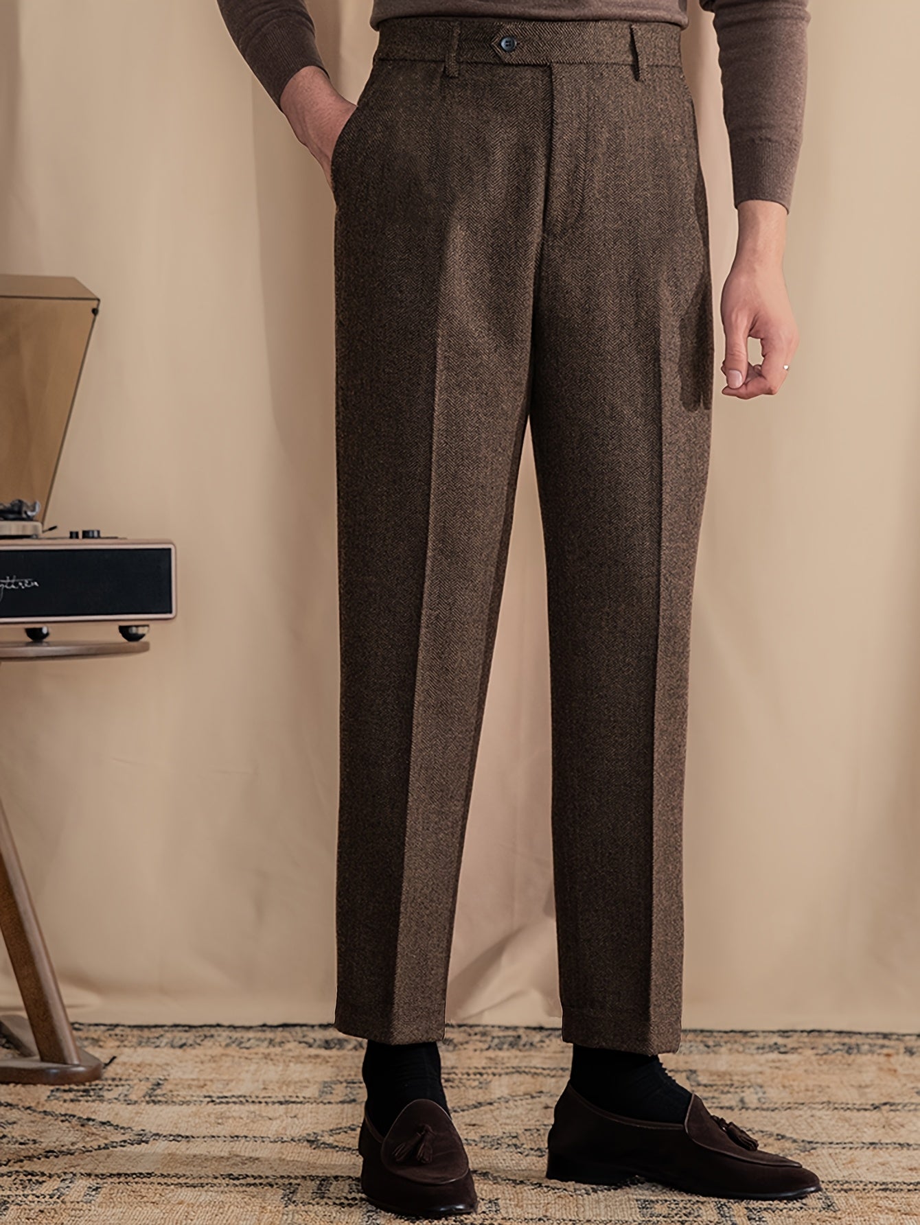 Men's Herringbone Patterned Casual Trousers