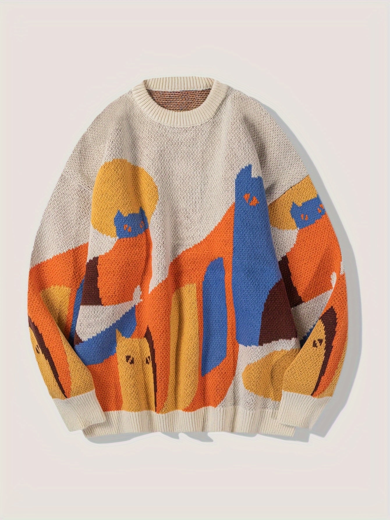 Casual Cat Pattern Knitted Crew Neck Sweater