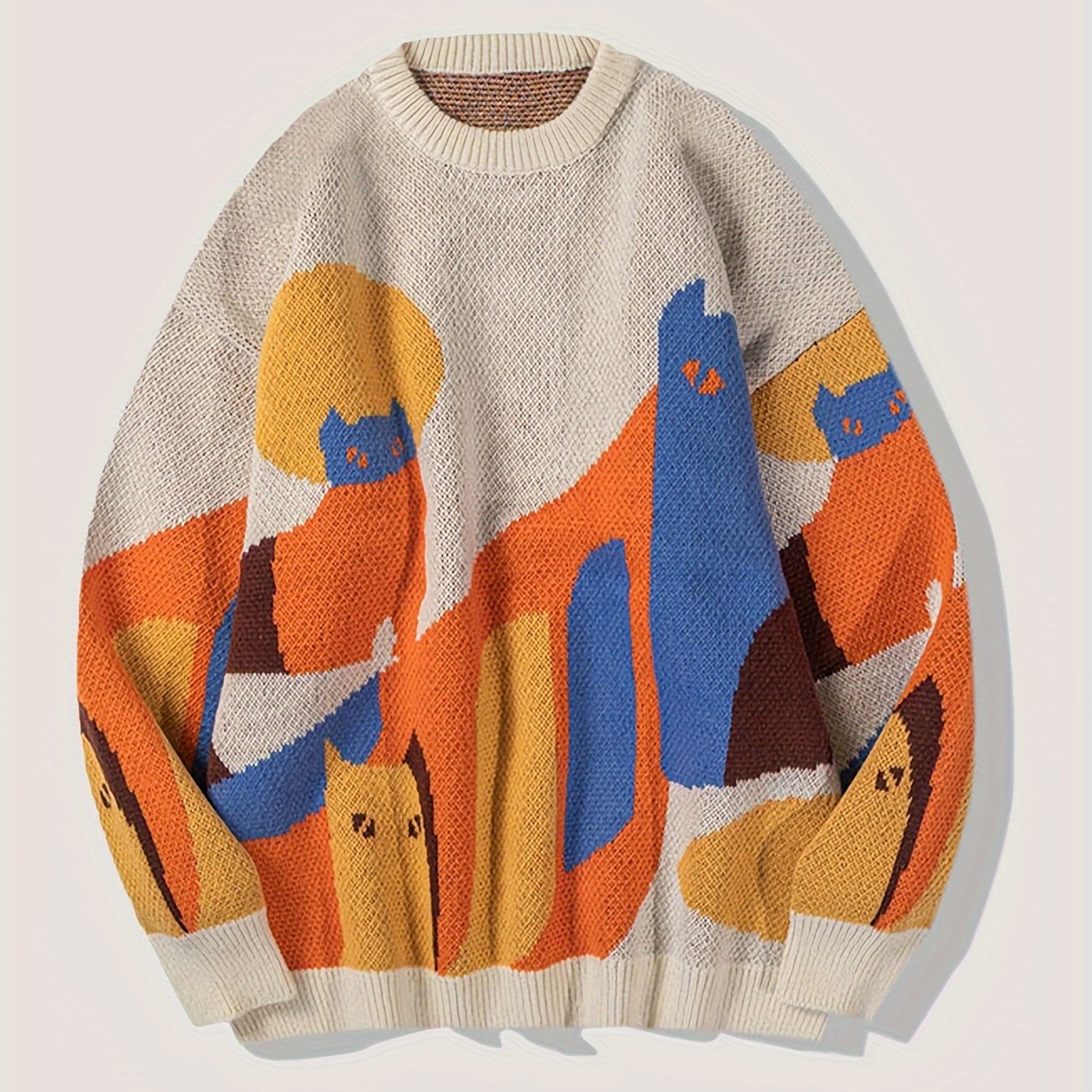 Casual Cat Pattern Knitted Crew Neck Sweater