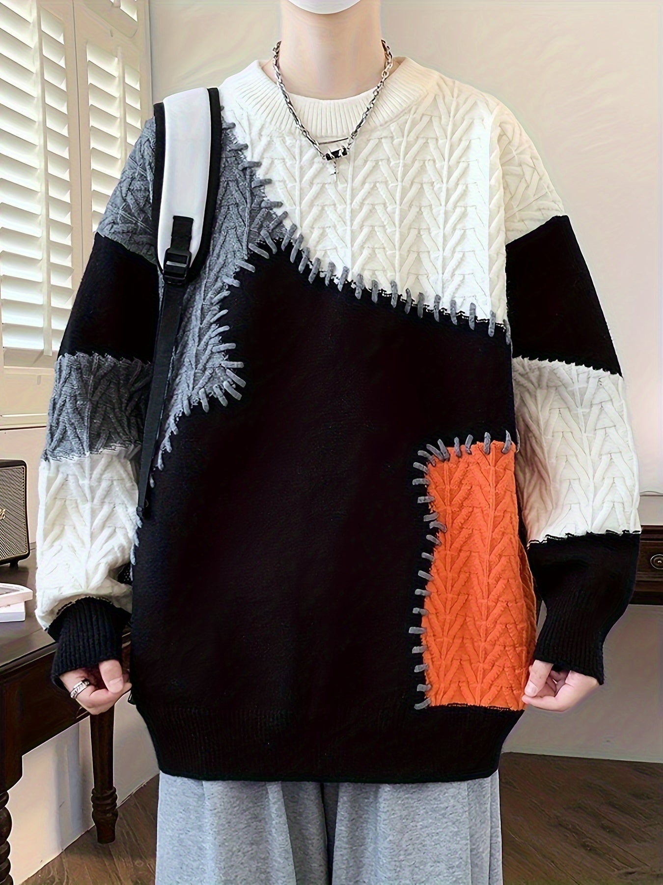 Men's Color-Block Cable Knit Sweater