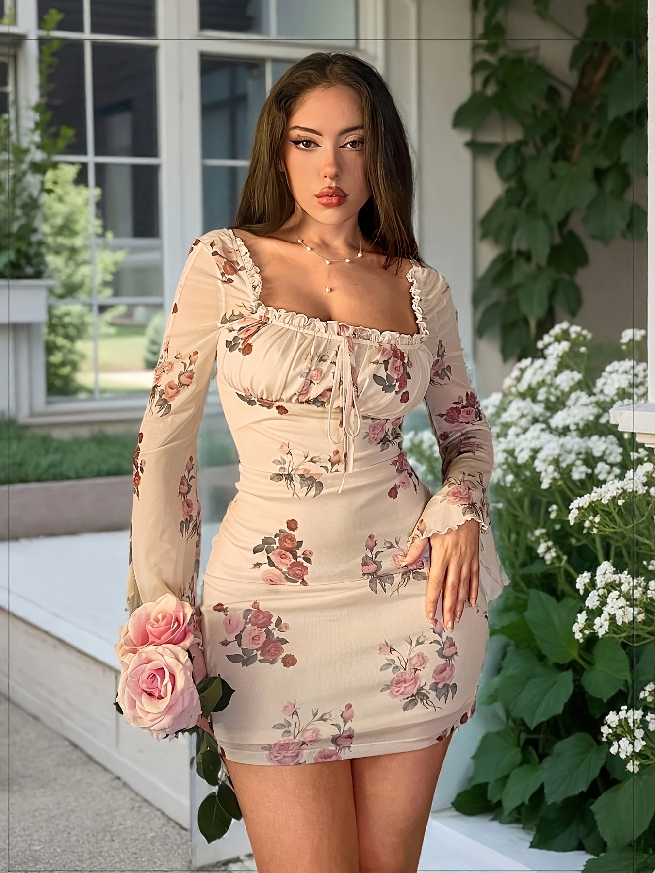 Women'S Floral Print Bodycon Mini Dress